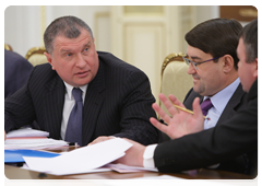 Deputy Prime Minister Igor Sechin, left, and Minister of Transport Igor Levitin before a meeting to discuss funding for federal targeted programmes in 2011 and beyond