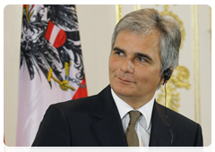 Federal Chancellor of the Republic of Austria Werner Fayman at the press conference on the results of negotiations with Prime Minister Vladimir Putin