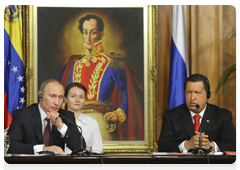 Prime Minister Vladimir Putin and President Chavez of the Bolivarian Republic of Venezuela give a joint news conference following Russian-Venezuelan talks