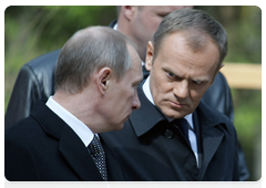 Prime Minister Vladimir Putin and Polish Prime Minister Donald Tusk visiting the Polish section of the Katyn memorial complex
