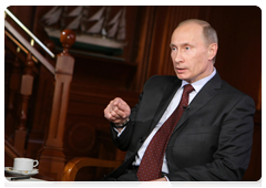 Prime Minister Vladimir Putin during an interview with the Mir intergovernmental broadcasting company