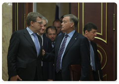 Deputy Prime Minister and Minister of Finance Alexei Kudrin and Russian Railways’ President Vladimir Yakunin at a meeting on price setting and tariff rates