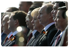 Prime Minister Vladimir Putin at a military parade on Red Square marking the 65th anniversary of Victory in the Great Patriotic War