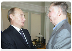 Prime Minister Vladimir Putin meeting with Viktor Tikhonov, former head coach of the CSKA hockey club and the Soviet National Team
