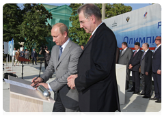 Prime Minister Vladimir Putin and President of the International Olympic Committee (IOC) Jacques Rogge taking part in the foundation stone ceremony for the Russian International Olympic University
