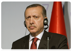 Turkish Prime Minister Recep Tayyip Erdoğan at a press conference following Russian-Turkish bilateral talks