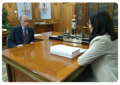 Prime Minister Vladimir Putin at a working meeting with Minister of Economic Development Elvira Nabiullina
