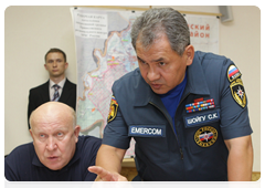 Minister of Civil Defence, Emergencies and Disaster Relief Sergei Shoigu at a meeting on the nationwide wildfire emergency while visiting the Nizhny Novgorod Region