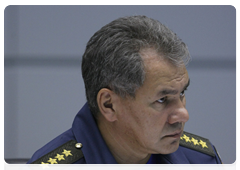 Minister of Civil Defence, Emergencies and Disaster Relief Sergei Shoigu at a teleconference on providing assistance to those affected by wildfires and renovation of social infrastructure