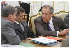 Minister of Culture Alexander Avdeyev, Minister of the Interior Rashid Nurgaliyev and Minister of Foreign Affairs Sergei Lavrov at a meeting of the Government Presidium