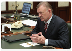 Ryazan Region Governor Oleg Kovalyov at а meeting with Prime Minister Vladimir Putin