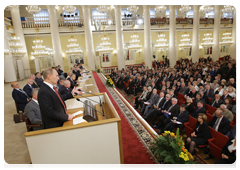 Prime Minister Vladimir Putin giving a speech at the General Council meeting of the Federation of Independent Trade Unions of Russia
