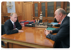 Prime Minister Vladimir Putin at a working meeting with Nikolai Merkushkin, governor of the Republic of Mordovia