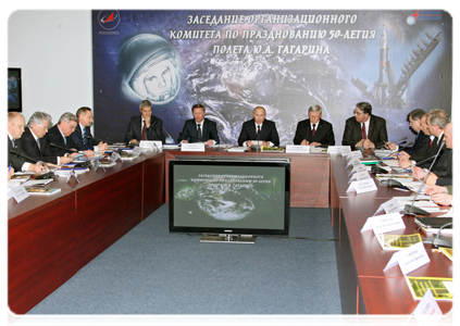 Prime Minister Vladimir Putin chairing a meeting of the Organising Committee to Prepare and Hold the 2011 Celebrations of the 50th Anniversary of Yuri Gagarin's Space Flight at the Mission Control Center