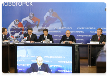 Prime Minister Vladimir Putin chairing a meeting on Russia’s sport and fitness strategy through 2020 in Novogorsk, outside Moscow