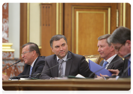 First Deputy Prime Minister Viktor Zubkov, Deputy Prime Minister and Chief of the Government Staff Vyacheslav Volodin and Deputy Prime Minister Sergei Ivanov at a meeting of the Government of the Russian Federation