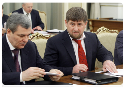 Head of the Republic of Kabardino-Balkaria Arsen Kanokov and Head of the Republic of Chechnya Ramzan Kadyrov at a meeting of the government commission on the socio-economic development of the North Caucasus Federal District