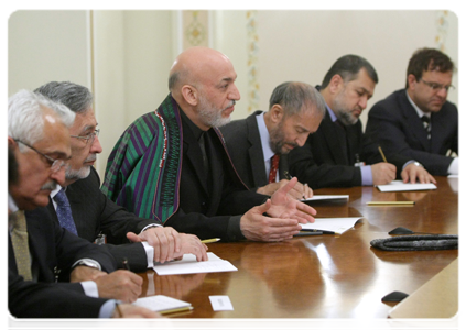 Afghan President Hamid Karzai at a meeting with Prime Minister Vladimir Putin
