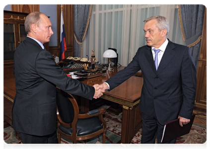 Председатель Правительства Российской Федерации В.В.Путин провёл рабочую встречу с губернатором Белгородской области Е.С.Савченко
