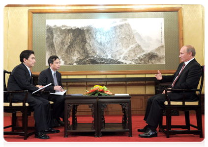Председатель Правительства Российской Федерации В.В.Путин дал интервью агентству «Синьхуа» и первому каналу Центрального телевидения Китая