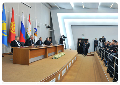 Prime Minister Vladimir Putin speaking at a news conference following a meeting of the EurAsEC Interstate Council and the Customs Union Supreme Governing Body