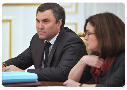 Deputy Prime Minister and Chief of the Government Staff Vyacheslav Volodin and Minister of Economic Development Elvira Nabiullina at a meeting of the Government Commission on Monitoring Foreign Investment
