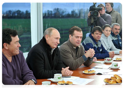 President Dmitry Medvedev and Prime Minister Vladimir Putin meeting with agricultural workers and leaders of the United Russia party in the Stavropol Territory