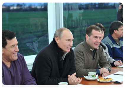 President Dmitry Medvedev and Prime Minister Vladimir Putin meeting with agricultural workers and leaders of the United Russia party in the Stavropol Territory