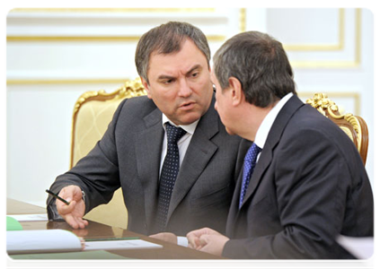 Deputy Prime Minister and Chief of the Government Executive Office Vyacheslav Volodin and Deputy Prime Minister Igor Sechin at a Government Presidium meeting