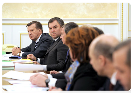 First Deputy Prime Minister Viktor Zubkov and Deputy Prime Minister and Chief of the Government Executive Office Vyacheslav Volodin at a Government Presidium meeting