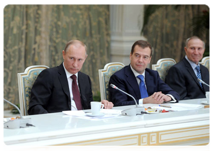 President Dmitry Medvedev and Prime Minister Vladimir Putin meeting with pensioners and veterans in the Grand Kremlin Palace