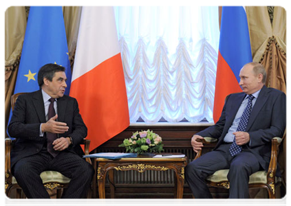 Prime Minister Vladimir Putin meets with French Prime Minister Francois Fillon during the 16th meeting of the Russian-French Commission on Bilateral Cooperation