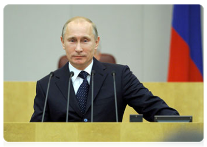 Prime Minister Vladimir Putin speaks at the State Duma closing plenary meeting