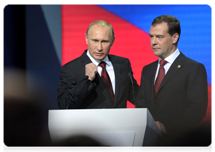 President Dmitry Medvedev and Prime Minister Vladimir Putin take part in the Conference of the United Russia Party