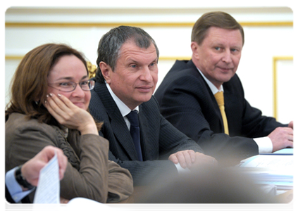 Minister of Economic Development Elvira Nabiullina, Deputy Prime Minister Igor Sechin and Deputy Prime Minister Sergei Ivanov at a meeting of the Government Commission on Monitoring Foreign Investment