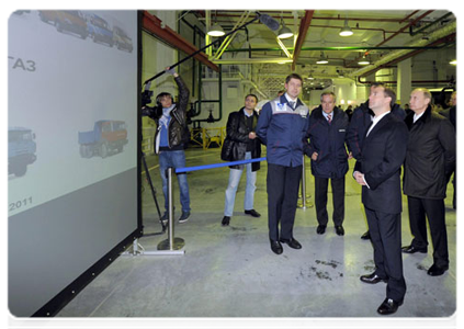President Dmitry Medvedev and Prime Minister Vladimir Putin visit the Gorky Automobile Plant in Nizhny Novgorod