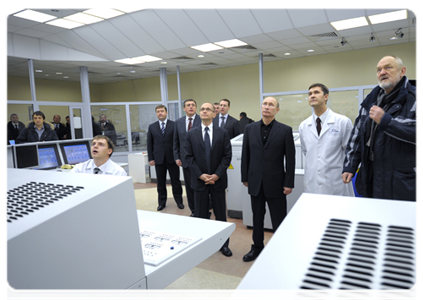Prime Minister Vladimir Putin attends the commissioning ceremony of the fourth reactor at the Kalininskaya NPP, which is in pilot production mode