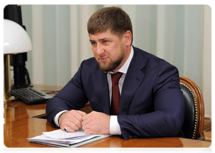 Chechen leader Ramzan Kadyrov at a meeting with Prime Minister Vladimir Putin