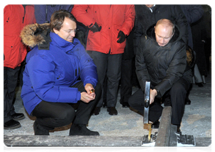 Prime Minister Vladimir Putin attends a ceremony to launch the construction of a railway line