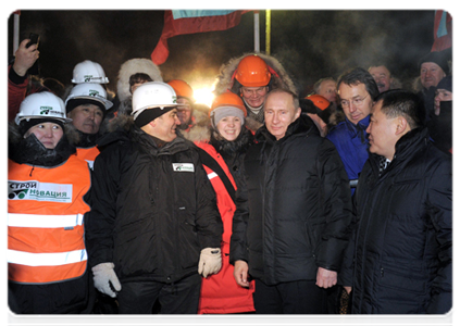 Prime Minister Vladimir Putin attends a ceremony to launch the construction of a railway line