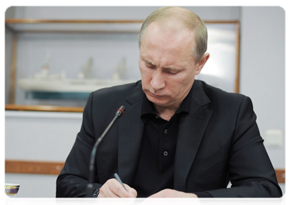 Prime Minister Vladimir Putin at a meeting on upgrading the Baltiysky Zavod shipyard in St Petersburg