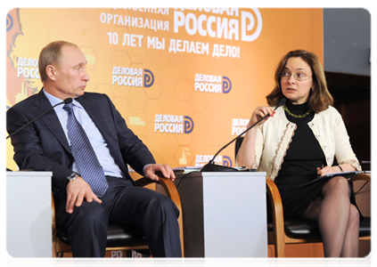 Prime Minister Vladimir Putin and Economic Development Minister Elvira Nabiullina at a conference of the national association Delovaya Rossiya