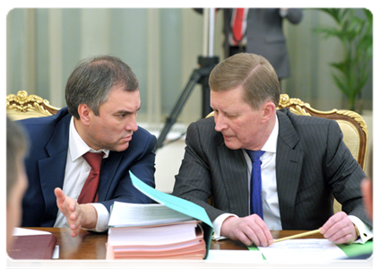 Deputy Prime Minister and Chief of Government Staff Vyacheslav Volodin and Head of the Presidential Executive Office Sergei Ivanov at a Government Presidium meeting