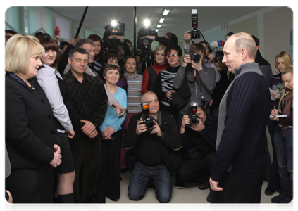 Prime Minister Vladimir Putin visits School No. 30, which was rebuilt after a flood, in the village of No-vomikhailovsky in the Krasnodar Territory