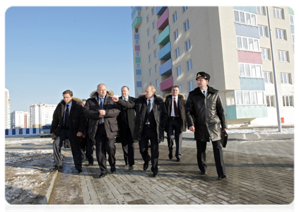 Prime Minister Vladimir Putin tours the Severny residential district in Kaliningrad, which is being developed for Baltic Fleet officers