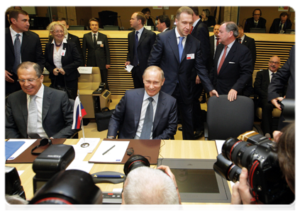 Prime Minister Vladimir Putin during a meeting of the Russian government and the EU Commission in Brussels