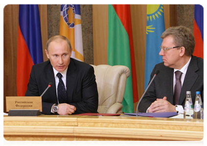 Prime Minister Vladimir Putin participating in a meeting of the prime ministers of the EurAsEC Interstate Council, the supreme body of the Customs Union