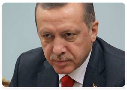 Turkish Prime Minister Recep Tayyip Erdogan at a meeting with Prime Minister Vladimir Putin