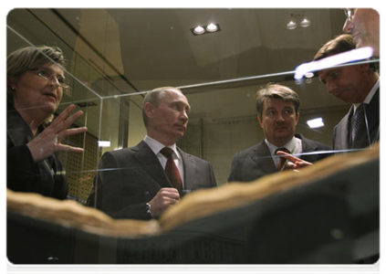 Prime Minister Vladimir Putin was shown one of the most ancient Cyrillic monuments, Codex Suprasliensis, during an exhibition held at Congress Centre Brdo