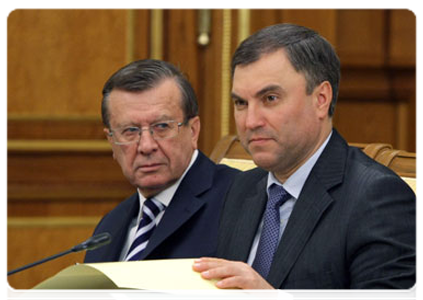 First Deputy Prime Minister Viktor Zubkov and Deputy Prime Minister and Chief of Government Staff Vyacheslav Volodin at a meeting of the Government of the Russian Federation